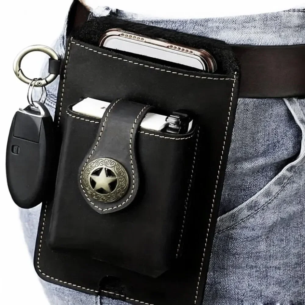 Genuine Leather Phone Belt Holster Case with Clip & Extra Pocket